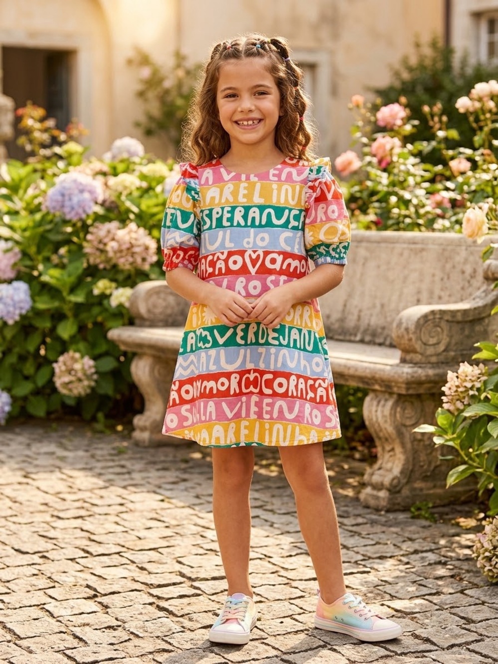 Fabula Farm Rio Girls Rainbow Word Print Puff Sleeve Dress Size 4